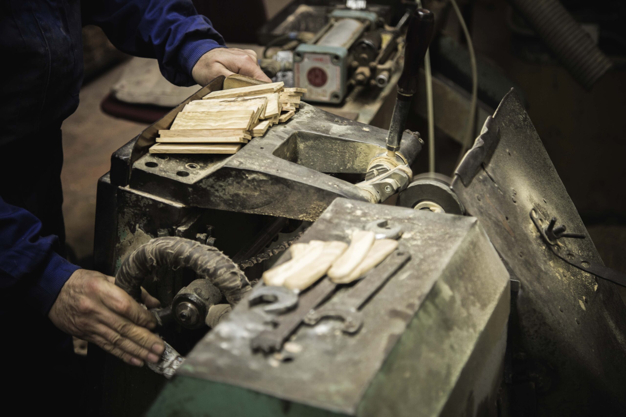 Factory workshop. Manufacturing milled wooden handles